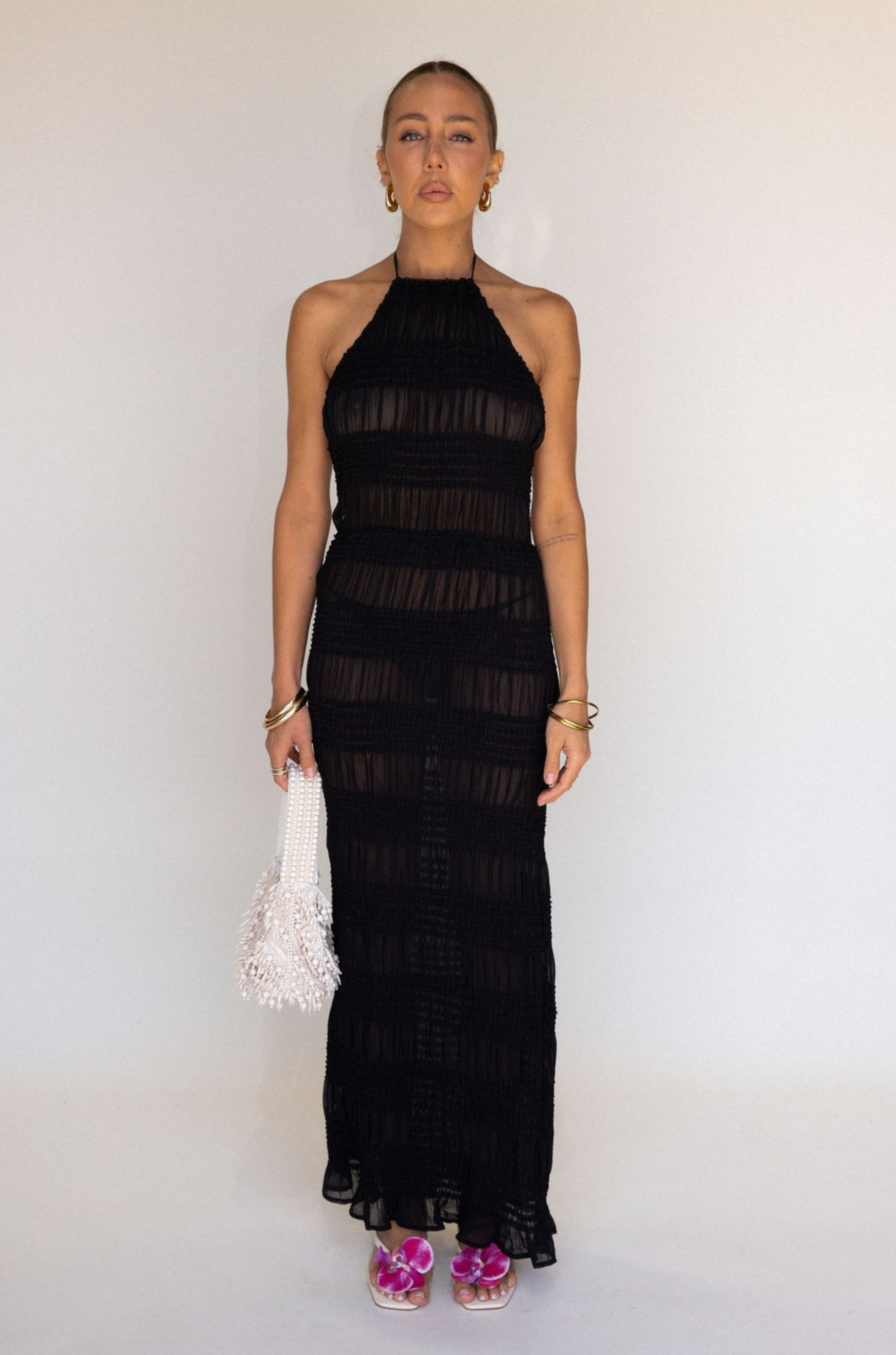 black Smocked halter maxi dress
High neckline
Adjustable neck tie
Adjustable back string
black sheer maxi dress
resort maxi dress
vacation maxi dress