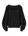 black Oversized hoodie sweatshirt
Fold over neckline
Front pocket
Unlined
can be worn multiple ways