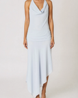 Chiffon halter neck mini dress
Cowl neckline
Adjustable neck tie
Cinched sides
Asymmetrical hem
Side zipper closure
Partially lined
blue midi wedding guest dress