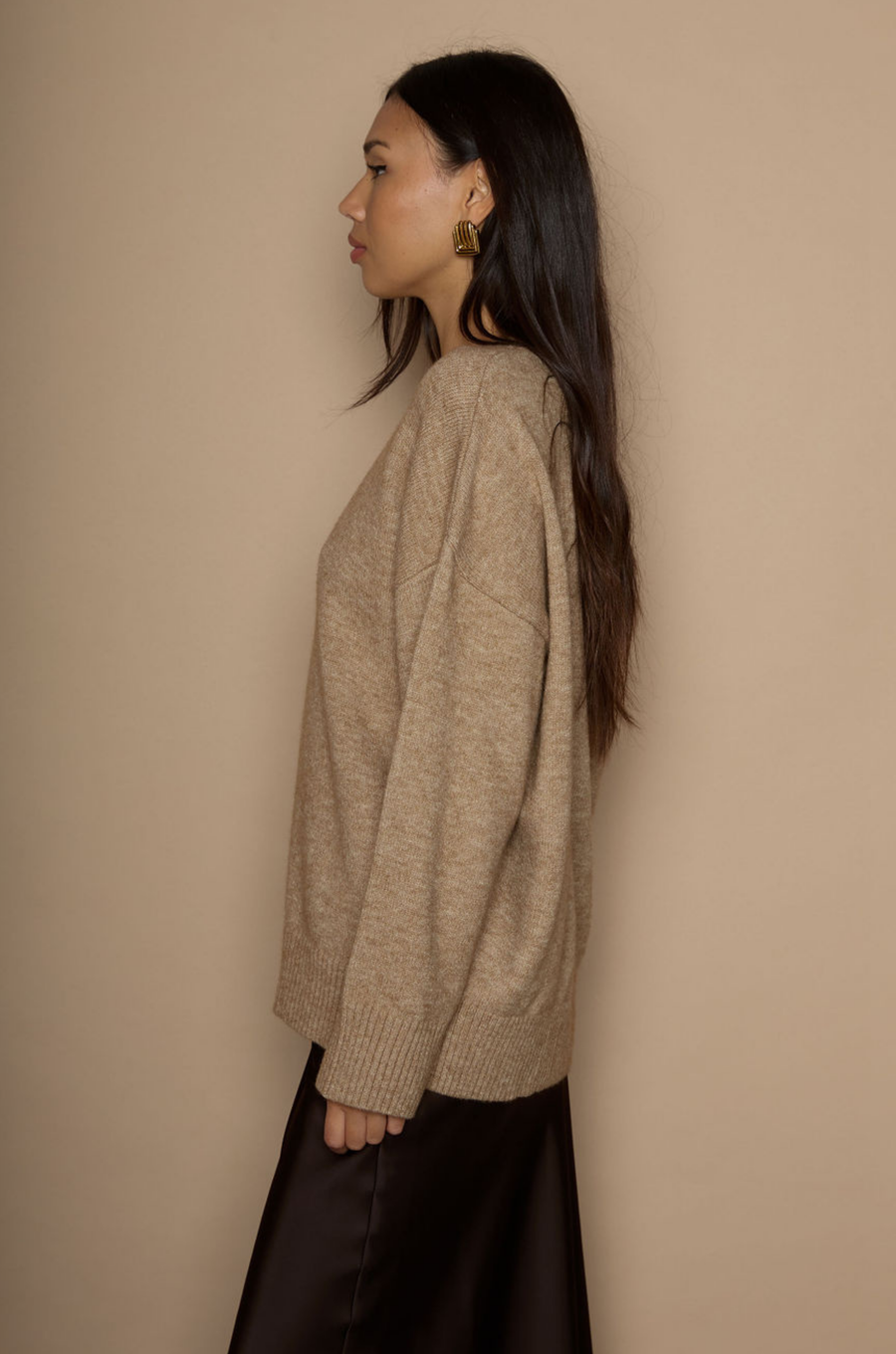 Heather crochet knit sweater. Crewneck. Long sleeves. Banded hems. Unlined. brown sweater. oversized sweater. cute fall sweater. cute winter sweater. 
