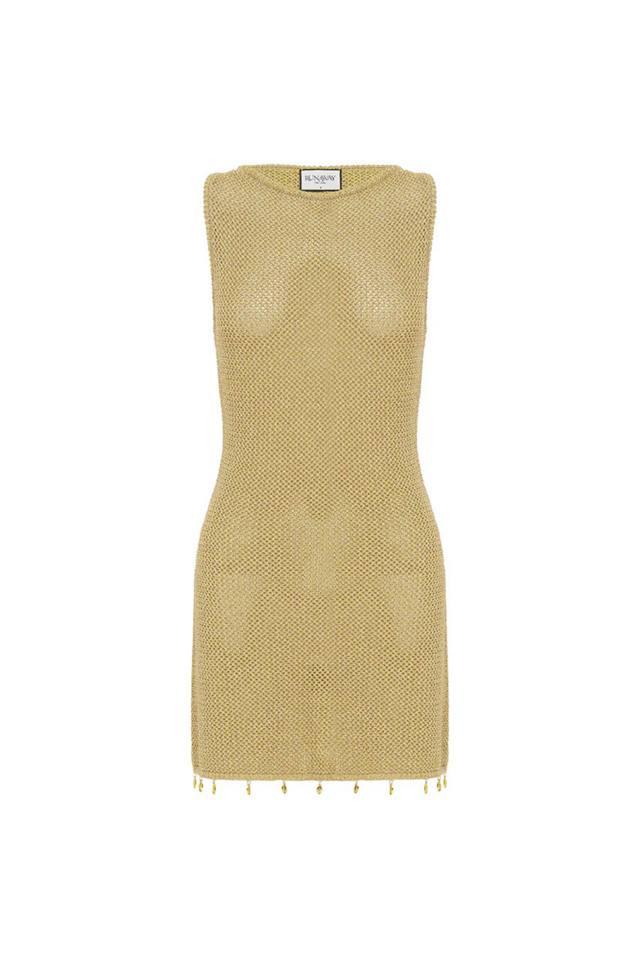 Knit mini dress
Subtle shimmer
Delicate seashell hardware 
Boat neck 
Slip on style 
Unlined/sheer
Lurex/Viscose
gold metallic mini dress
resort wear mini dress
beach vacation outfit
