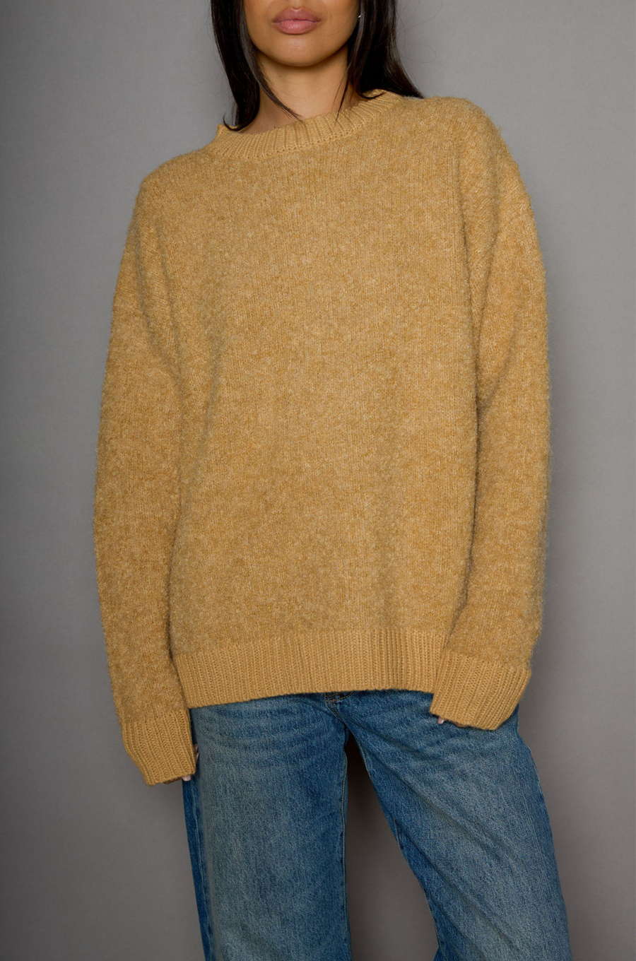 Fuzzy boucle knit sweater. Crewneck. Unlined. tan sweater. everyday sweater. fall sweater. winter sweater. carmel sweater