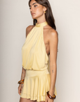 yellow Halter mini dress
Adjustable neck tie
Flowy skirt
Low back
Lined
summer mini dress
semi formal halter mini dress
butter yellow mini dress