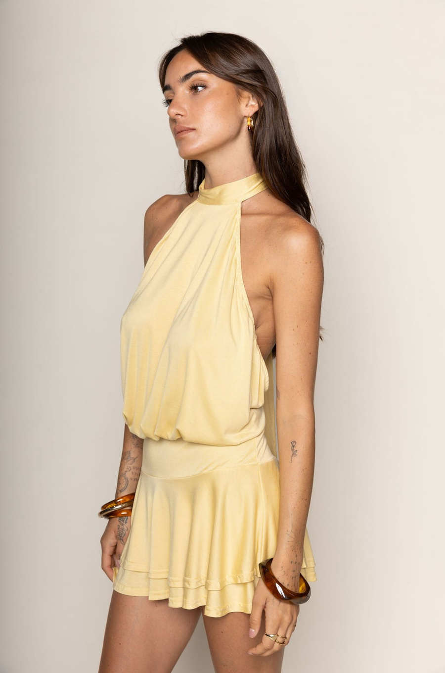 gold flowy mini dress Marbella Sequin Embellished Scoop Neck Ruffle Hem Mini Dress Gold