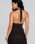 Halter neck mini dress
Ruched bodice
Open back
Adjustable neck tie
Lined
black mini halter dress