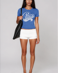 blue baby tee crop top 
Graphic printed ribbed baby tee
Showcasing "Big Ciao" captures the essence of the French Riviera with a splash of colorful whimsy
Luxuriously soft and smooth feel, combining the breathability of cotton with the silky touch of modal