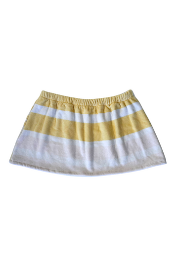 yellow and white Striped printed towel skirt
Elastic waistband
Unlined
Up-cycled
Each towel is up-cycled - there may be imperfections