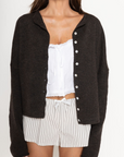 Fuzzy knit cardigan
Crewneck
Front button down closures
Long sleeves
Unlined
chocolate brown cardigan
fall cardigan
fall outfit
fall transition outfit