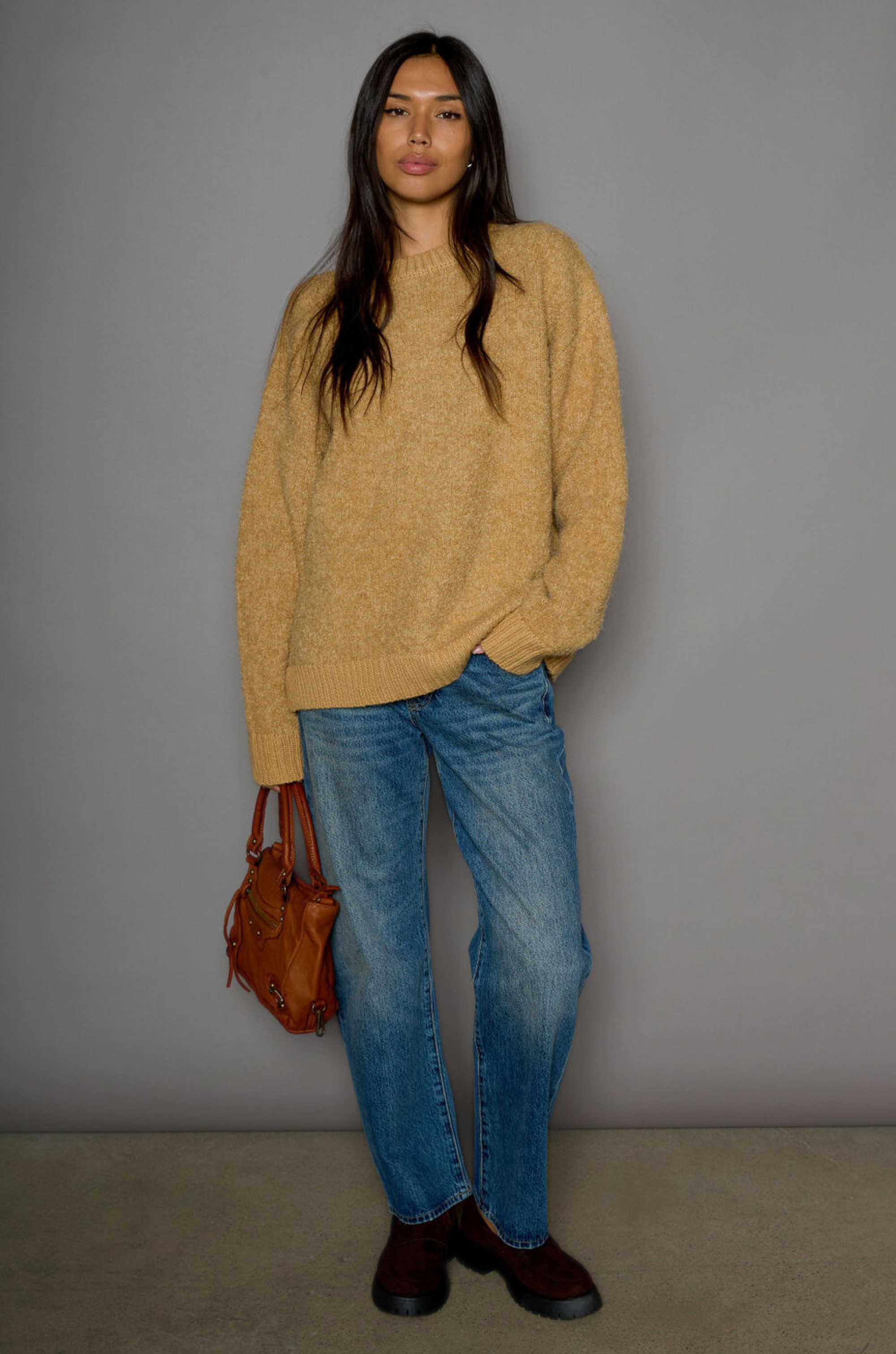 Fuzzy boucle knit sweater. Crewneck. Unlined. tan sweater. everyday sweater. fall sweater. winter sweater. carmel sweater