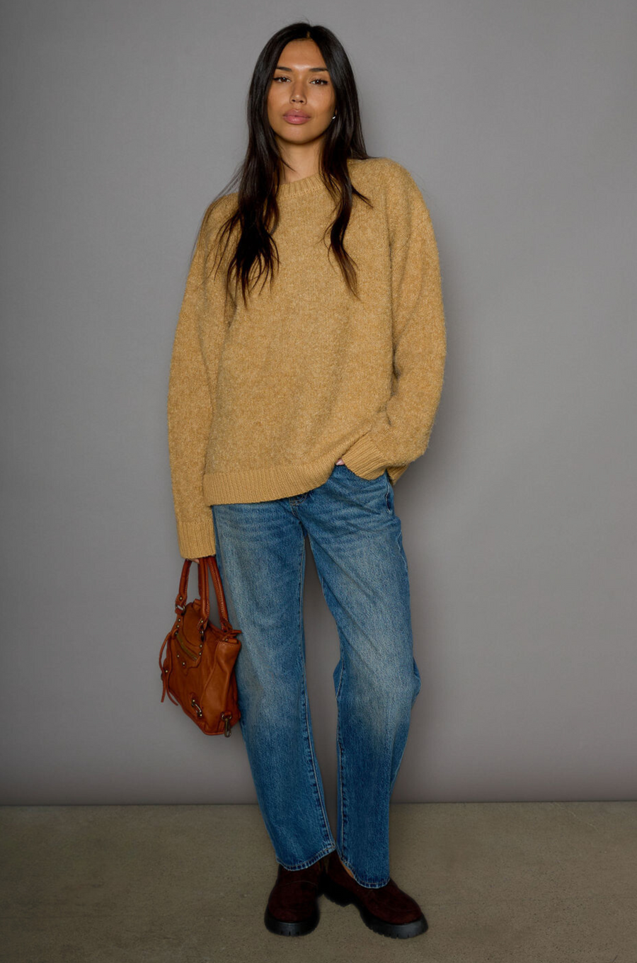 Fuzzy boucle knit sweater. Crewneck. Unlined. tan sweater. everyday sweater. fall sweater. winter sweater. carmel sweater
