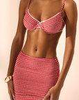 Red Gingham printed bikini mini skirt
Elastic waistband
Lined
Length: 14"
Nylon/Polyester/Spandex