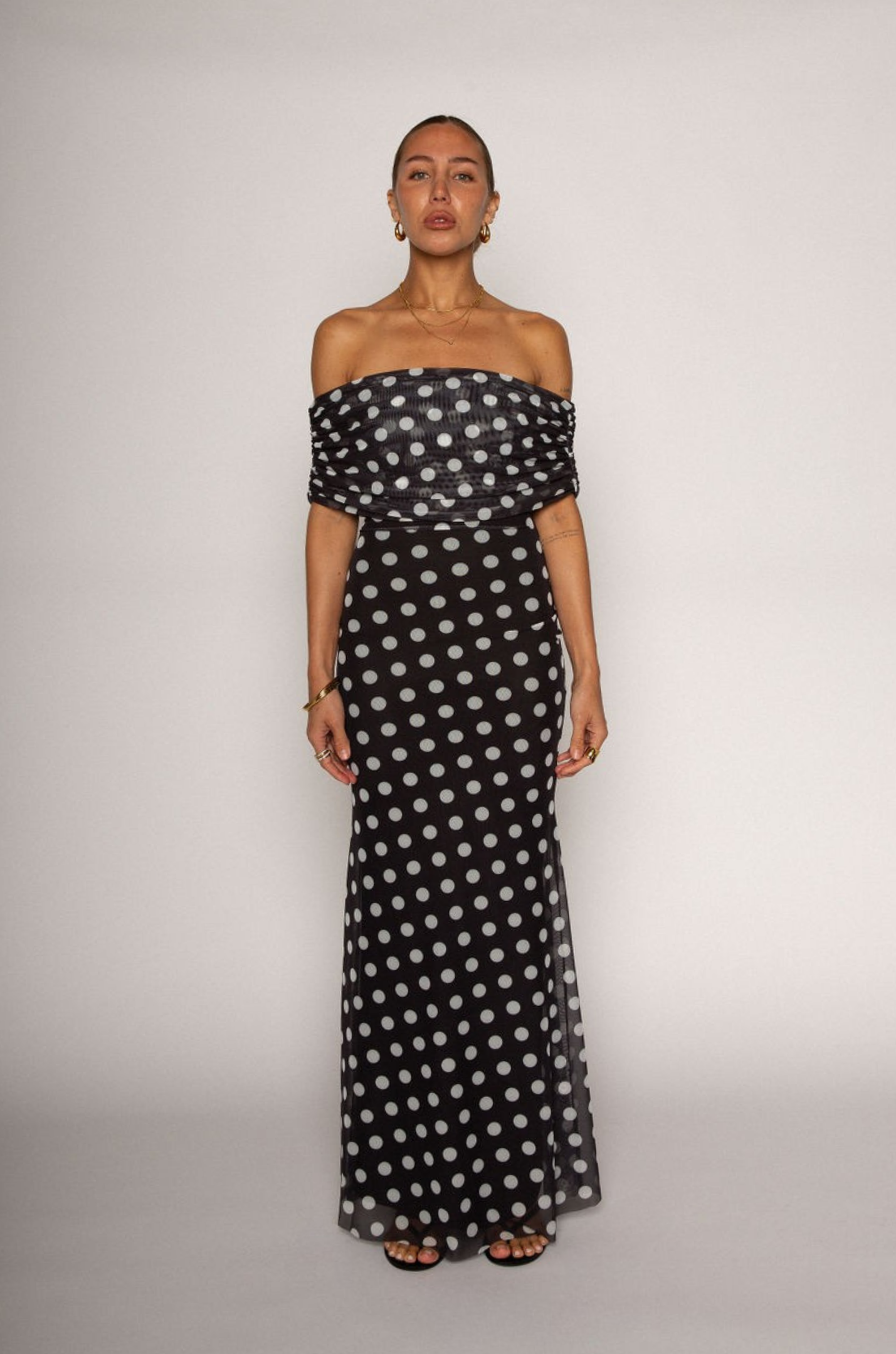 Polka dot printed knit mesh maxi dress. Off the shoulder sleeves. Raw hem. Fully lined. Polka dot off the shoulder maxi dress. summer dress. spring dress