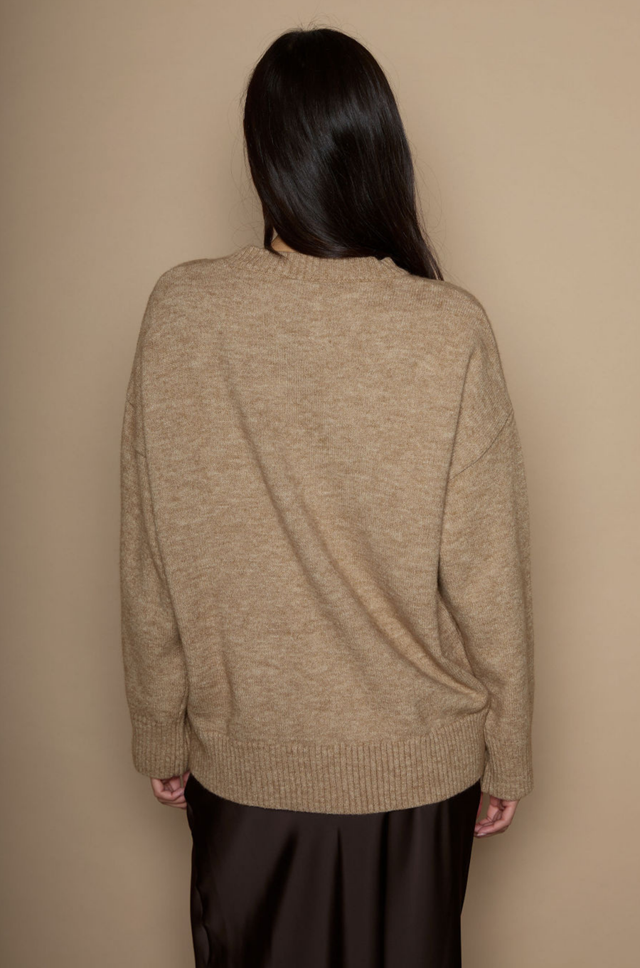 Heather crochet knit sweater. Crewneck. Long sleeves. Banded hems. Unlined. brown sweater. oversized sweater. cute fall sweater. cute winter sweater. 