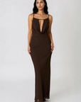 Cowl neck maxi dress
Adjustable spaghetti straps
Side zipper closure
Adjustable back tie
Open back
Lined
brown maxi wedding guest dress