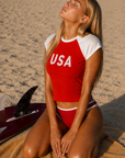 red USA graphic tee
Crewneck
Contrast sleeve
4th of july outfit