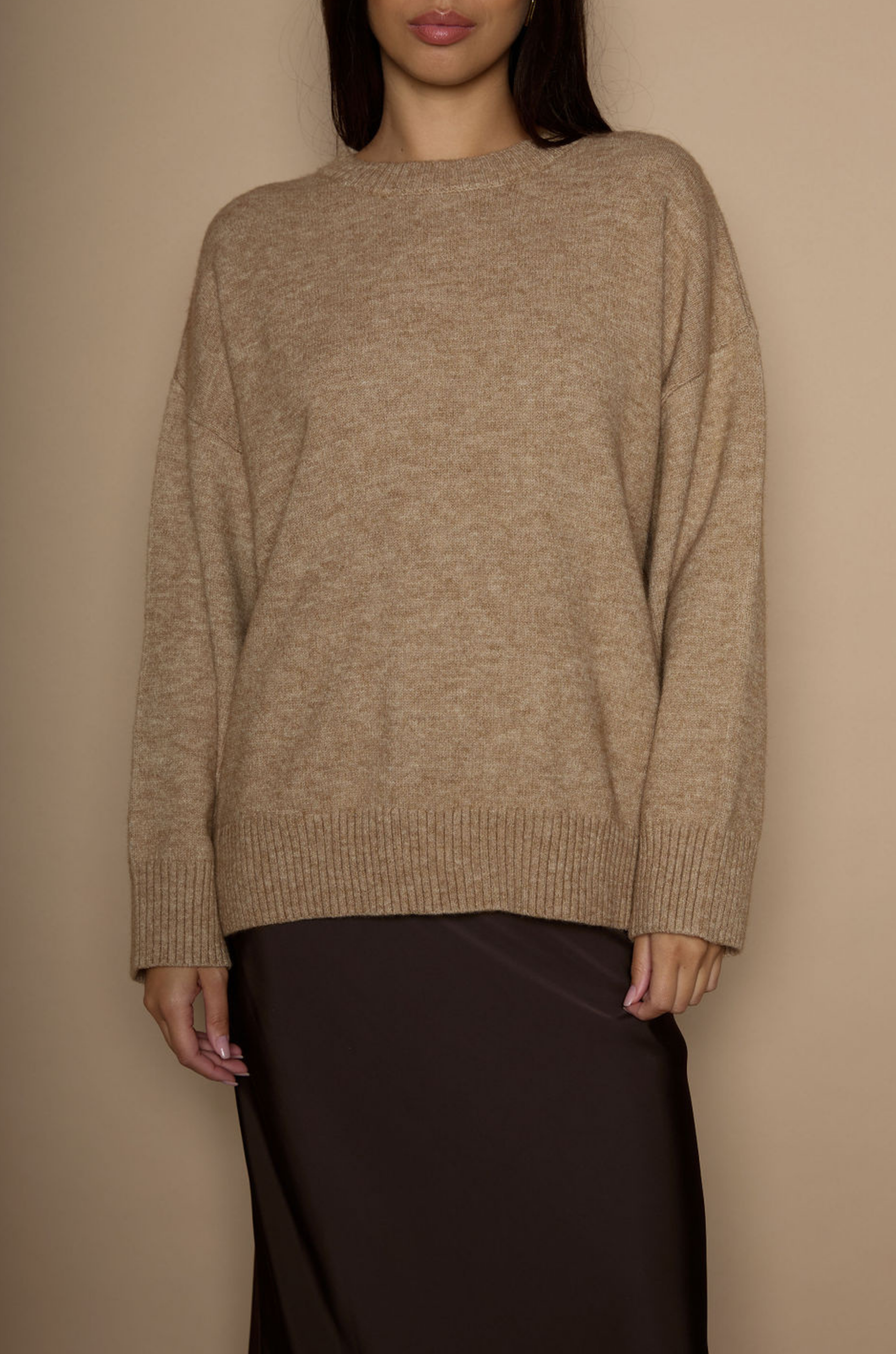 Heather crochet knit sweater. Crewneck. Long sleeves. Banded hems. Unlined. brown sweater. oversized sweater. cute fall sweater. cute winter sweater. 