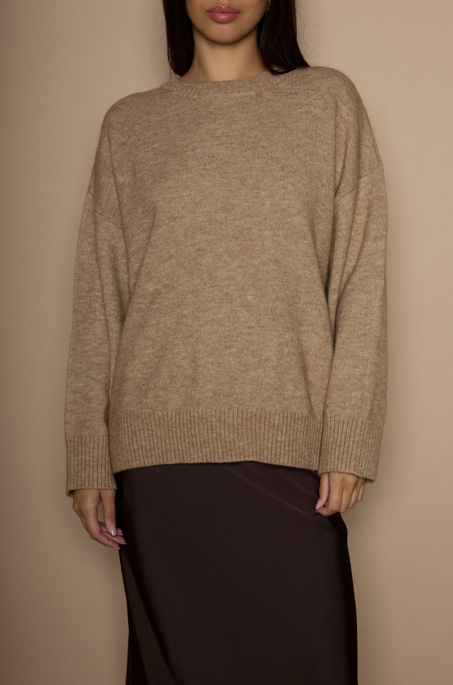 Heather crochet knit sweater. Crewneck. Long sleeves. Banded hems. Unlined. brown sweater. oversized sweater. cute fall sweater. cute winter sweater. 