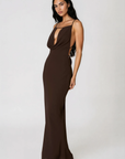 Cowl neck maxi dress
Adjustable spaghetti straps
Side zipper closure
Adjustable back tie
Open back
Lined
brown maxi wedding guest dress
