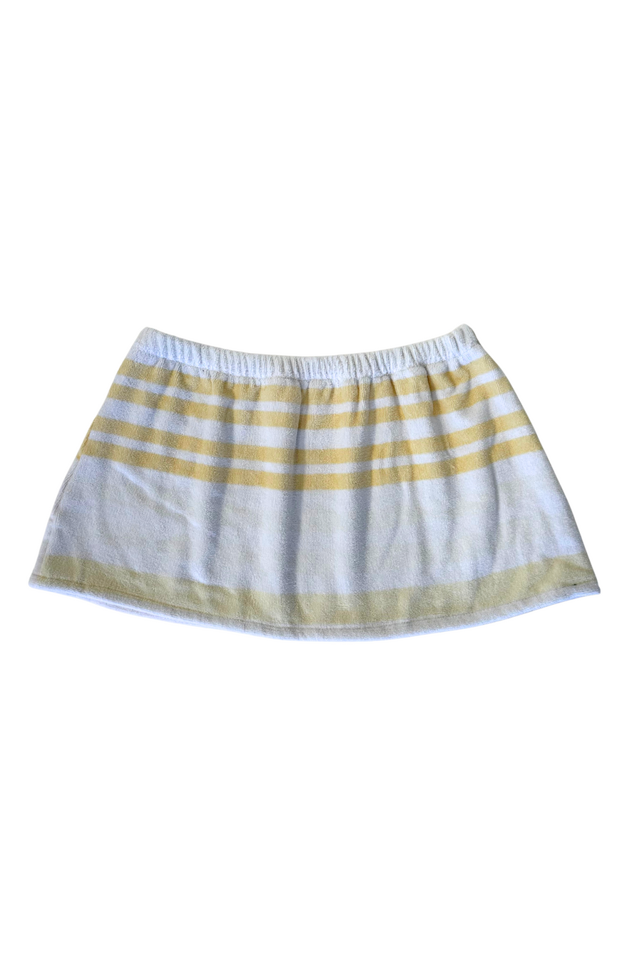 yellow and white Striped printed towel skirt
Elastic waistband
Unlined
Up-cycled
Each towel is up-cycled - there may be imperfections