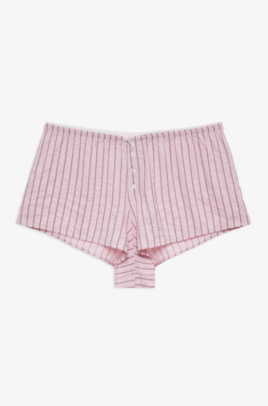 pink Striped boxer shorts
Front boxer placket with buttons
Adorned with picot trims
Decorative bow at front waist
Unlined
Polyester/Cotton
for love & lemons boxer shorts