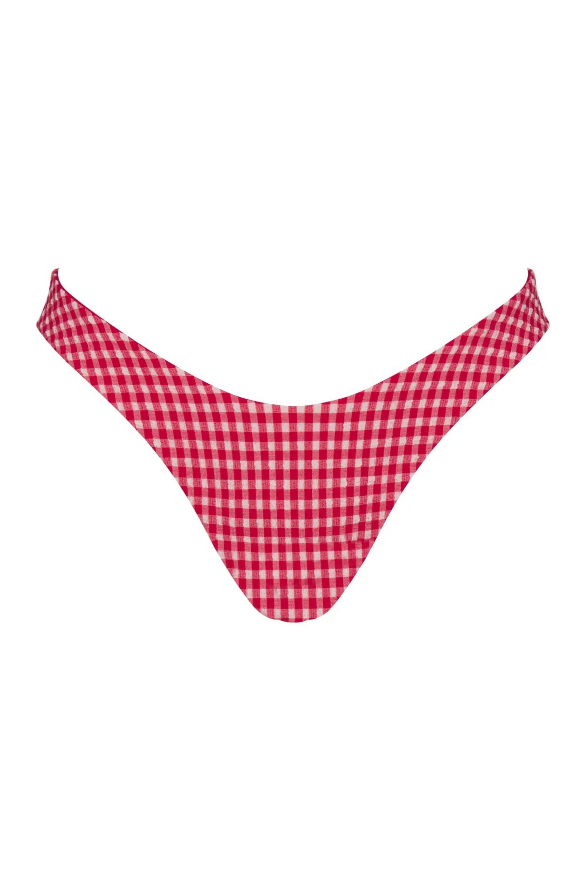red Gingham printed bikini bottoms
Mid to high rise cut
Reversible front-to-back design
Seamless
Nylon/Polyester/Spandex