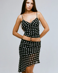 Polka dot mini skirt
Asymmetrical hemline
Side zipper closure
Partially lined/Partially sheer
black and white polka dot mini skirt
black and white polka dot midi skirt