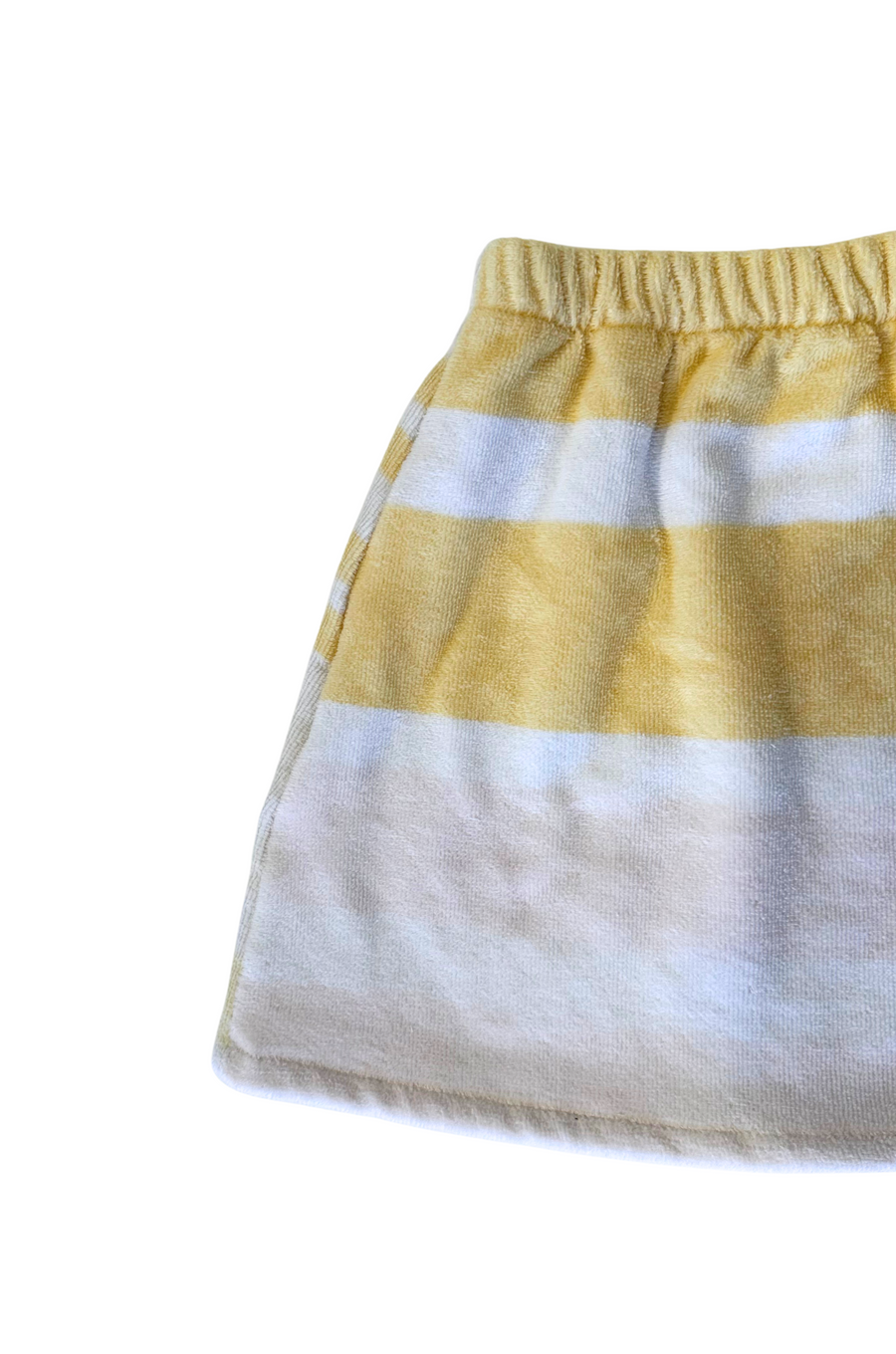yellow and white Striped printed towel skirt
Elastic waistband
Unlined
Up-cycled
Each towel is up-cycled - there may be imperfections