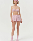 pink Striped boxer shorts
Front boxer placket with buttons
Adorned with picot trims
Decorative bow at front waist
Unlined
Polyester/Cotton
for love & lemons boxer shorts
