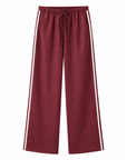 burgundy maroon Stipe wide leg pant
Grey pant with white stripe
Single bonding at side
Elastic waistband
Side pockets
Unlined
fall transition outfit