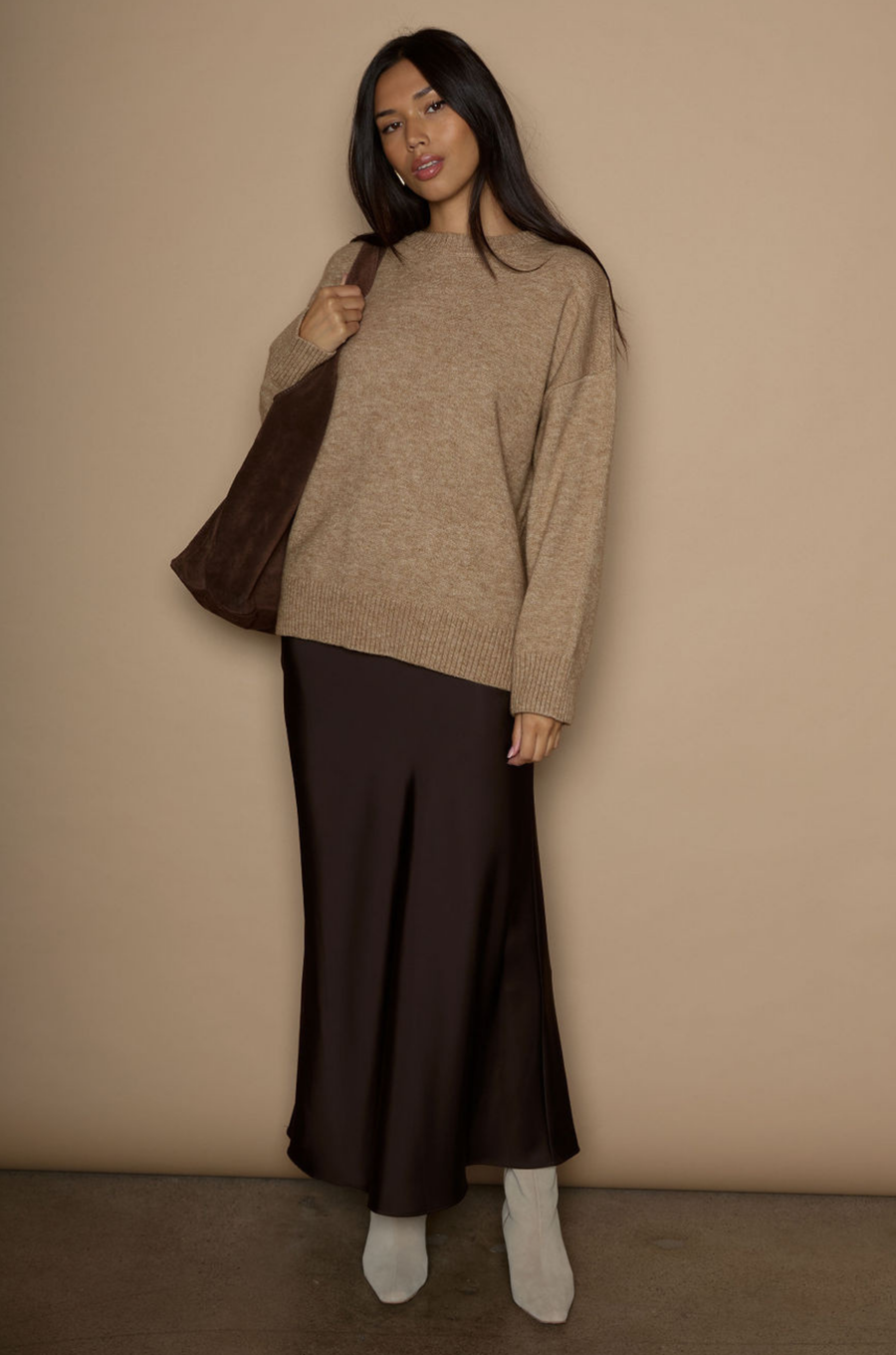 Heather crochet knit sweater. Crewneck. Long sleeves. Banded hems. Unlined. brown sweater. oversized sweater. cute fall sweater. cute winter sweater. 