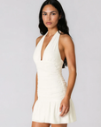 Halter textured mini dress
Triangle top with v neckline
Adjustable neck tie
Cinched sides
Lined
white graduation mini dress
white bridal mini dress