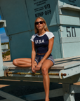blue USA graphic tee
Crewneck
Contrast sleeves
Unlined
4th of july outfit