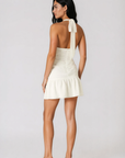 Halter textured mini dress
Triangle top with v neckline
Adjustable neck tie
Cinched sides
Lined
white graduation mini dress
white bridal mini dress