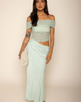 sage green Off the shoulder maxi dress
Fold over
Side cut out
Partially lined
partial mesh bodice
green wedding guest dress