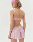 pink Striped boxer shorts
Front boxer placket with buttons
Adorned with picot trims
Decorative bow at front waist
Unlined
Polyester/Cotton
for love & lemons boxer shorts