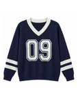 navy 09' graphic sweater jersey top
V neckline
Unlined
campus jersey sweater