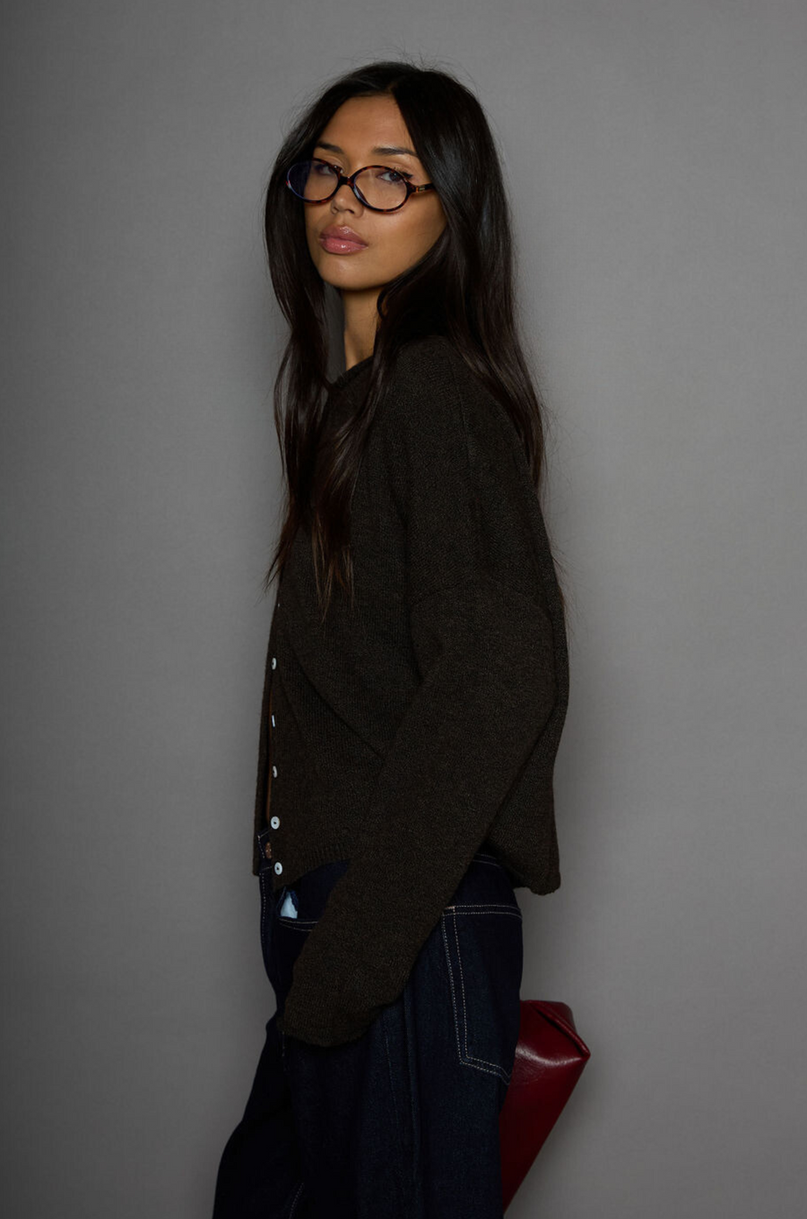 Fuzzy knit cardigan. Crewneck. Front button down closures. Long sleeves. Unlined. brown cardigan. fall outfit. fall cardigan. layering piece. layering cardigan