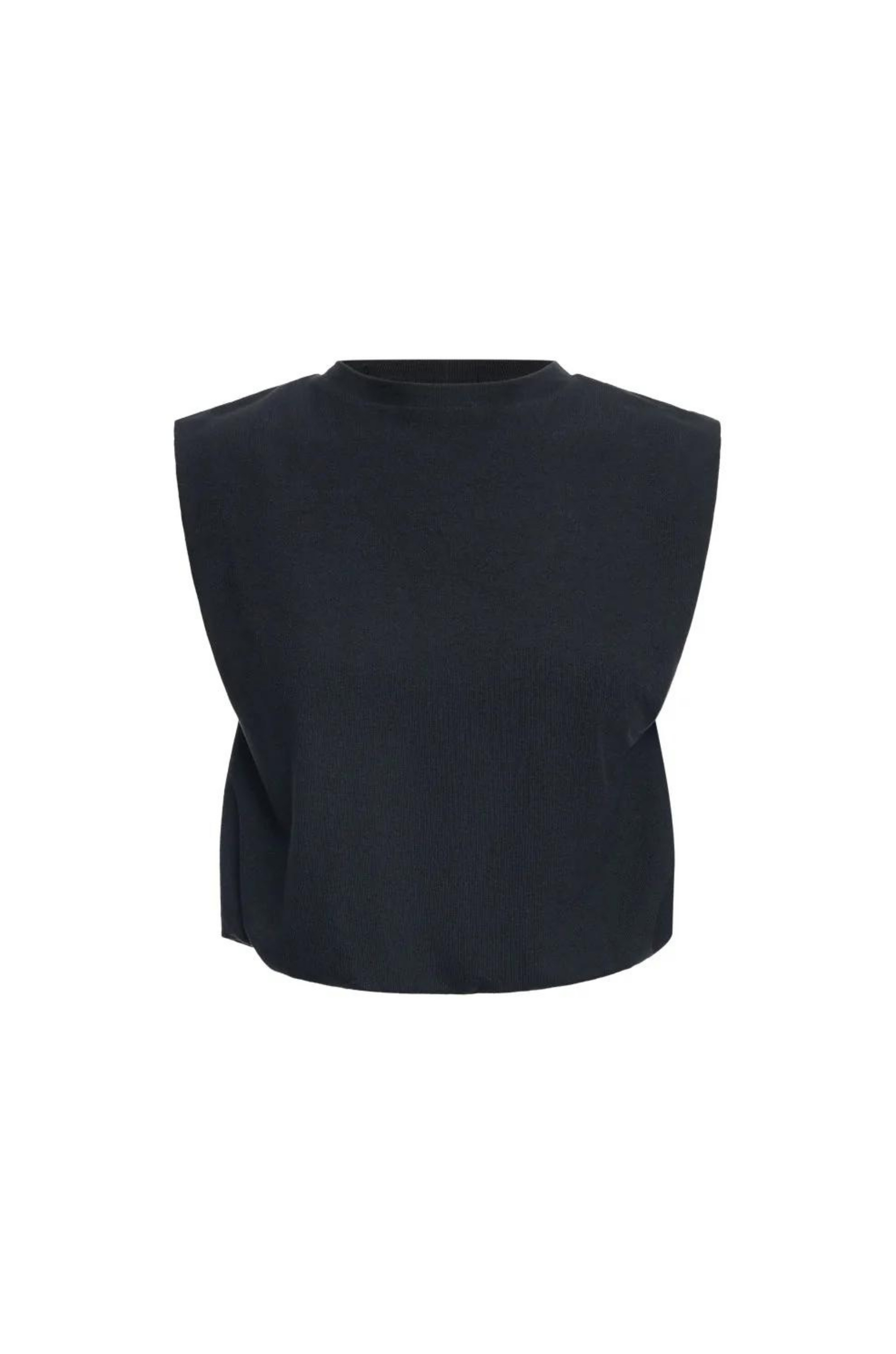 Knit muscle tank. Crewneck. Cropped boxy fit. Elastic hem. Fully lined.