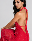 red Polka dot halter maxi dress
V-neckline
Adjustable neck tie
Low back
Asymmetrical sheer hemline
Partially unlined/Sheer
galentines day outfit
valentines day dress