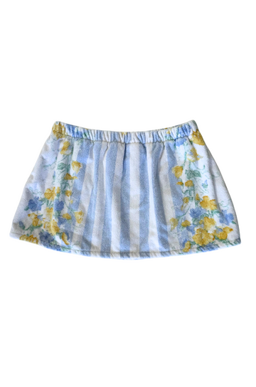 blue and yellow Striped and floral printed towel skirt
Elastic waistband
Unlined
Up-cycled
Each towel is up-cycled - there may be imperfections