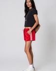red Satin track shorts
Mini length
Inner adjustable drawstring
Elastic waistband
Unlined