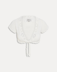white Knit crop top
Short sleeve
Scalloped trim
Heart detailing
Adjustable front tie