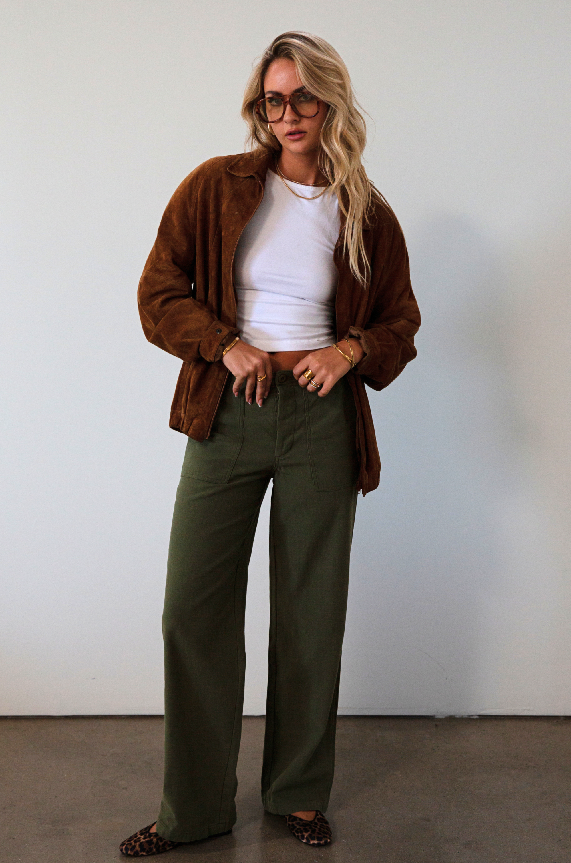 Woven utility pants. Button fly. Four pocket construction. Unlined. green pants. fall outfit.