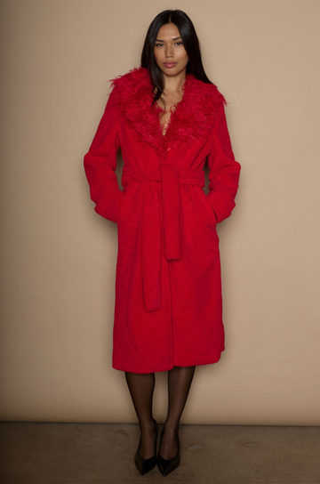 Faux sherpa longline coat. Faux fur collar neckline. Front snap button closure. Tie waist. Side pockets. Back slit. Fully lined. red fur coat. fall outfit. cute winter coat. trendy winter coat.