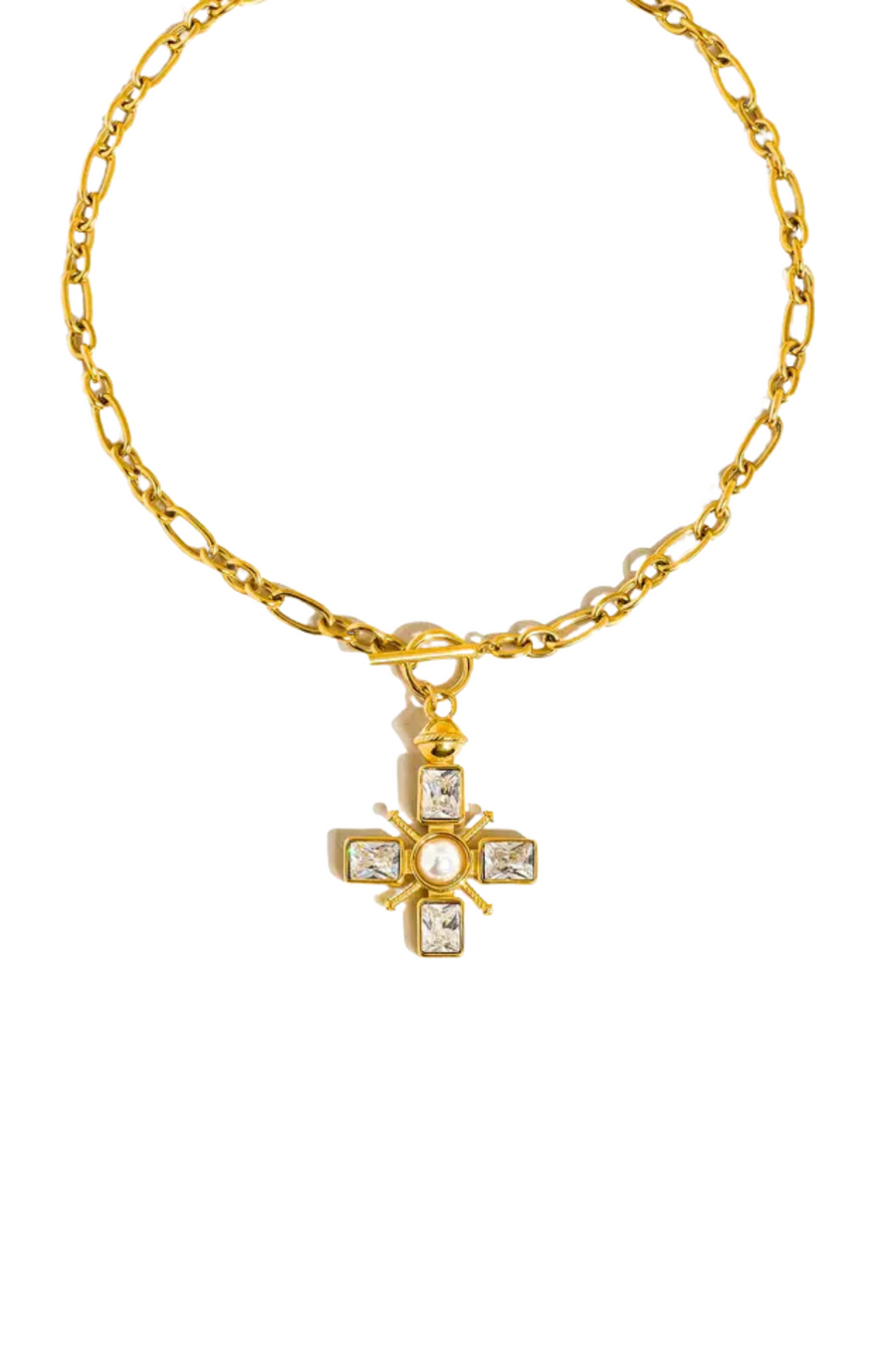 18K Gold Non-Tarnish Pearl Cross Necklace
18K Gold Plating Stainless Steel Faux
Pearl Pendant Size: 2.16" x1.77"
Chain Length: 15.7"
Extension Length: 2.7"
Lead and Nickel Free
Hypoallergenic