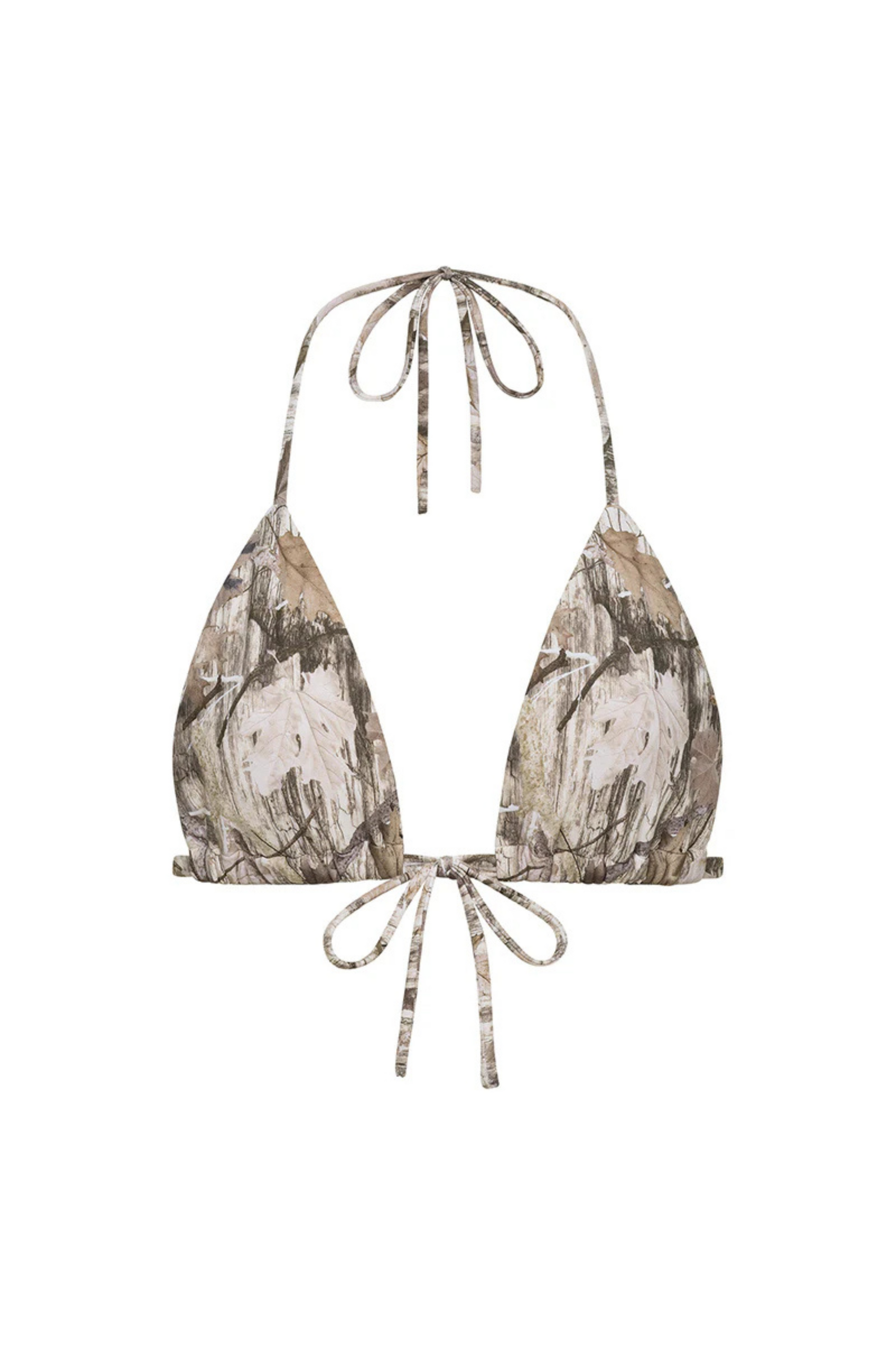 Camo printed triangle top
Adjustable neck and back ties
Removable Bow In Center Front