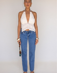 cream white Chiffon woven smocked halter top
Adjustable neck and back tie
Ruffle detail
Backless
Partially lined/sheer
bachelorette top outfit
going out top outfit
white tank top