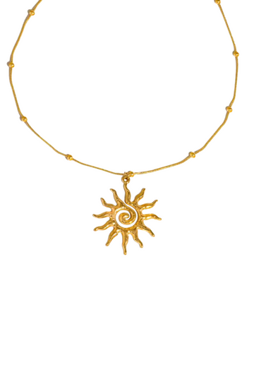 Gold necklace with a sun-shaped pendant
18K Gold Non-Tarnish Boho Sun Necklace
18K Gold Plated
Stainless Steel
Pendant Size: 1.5" / Chain Length: 15.57" / Extension Length: 2"
Lead-free
Nickel-safe
Hypoallergenic
Water Resistant