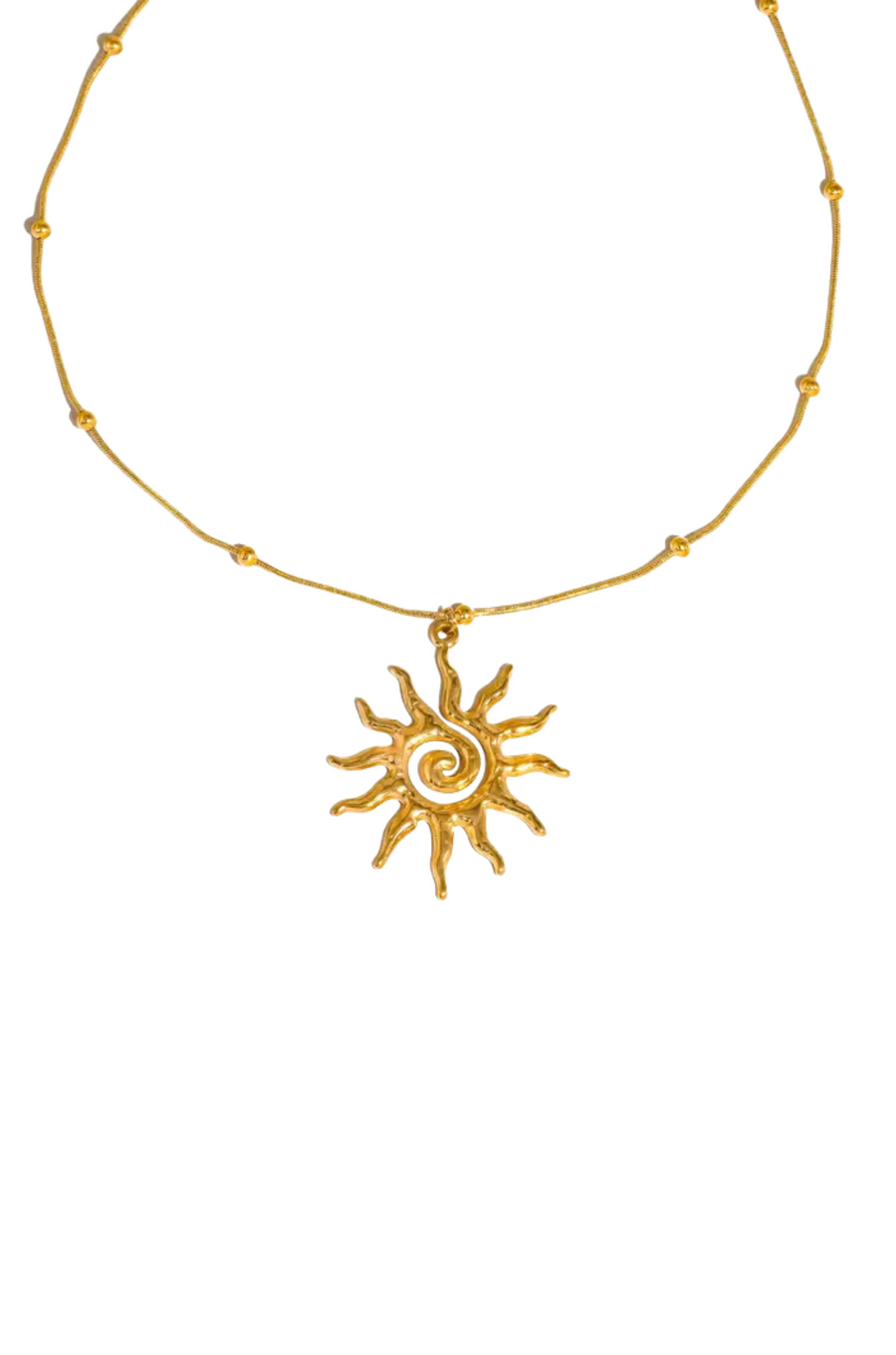 Gold necklace with a sun-shaped pendant
18K Gold Non-Tarnish Boho Sun Necklace
18K Gold Plated
Stainless Steel
Pendant Size: 1.5" / Chain Length: 15.57" / Extension Length: 2"
Lead-free
Nickel-safe
Hypoallergenic
Water Resistant