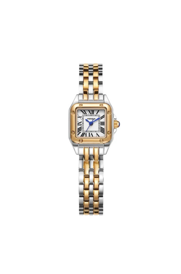 Two toned metal watch.
Tarnish proof however we do not recommend it getting the face wet.
This watch is adjustable and comes with the tool to make the adjustments.
silver and gold watch